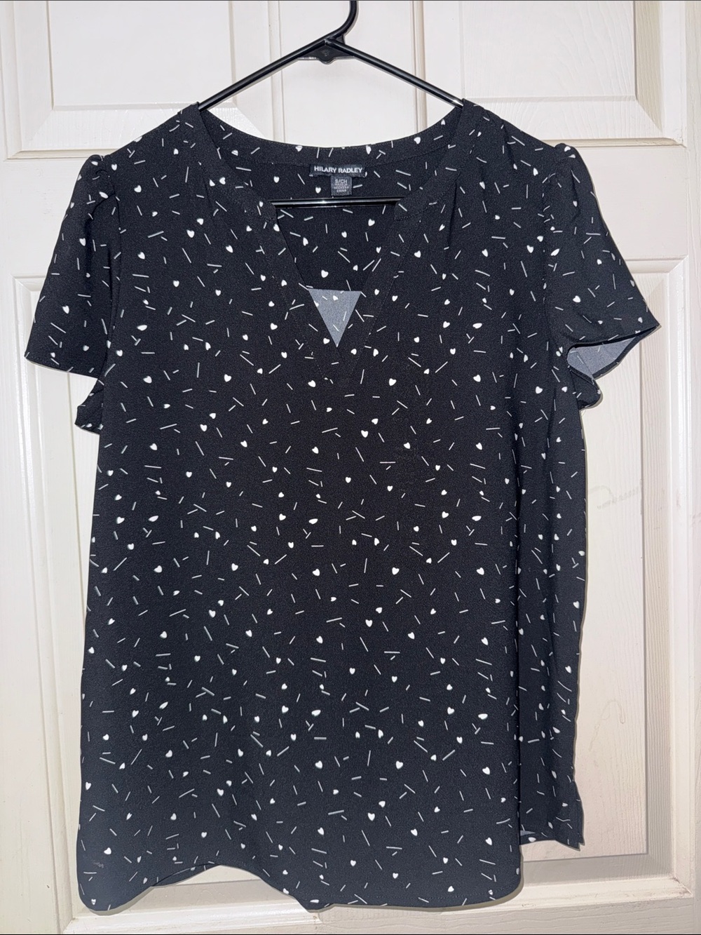 Women's Black V-Neck Short Sleeve Blouse with White Confetti Print Size Small